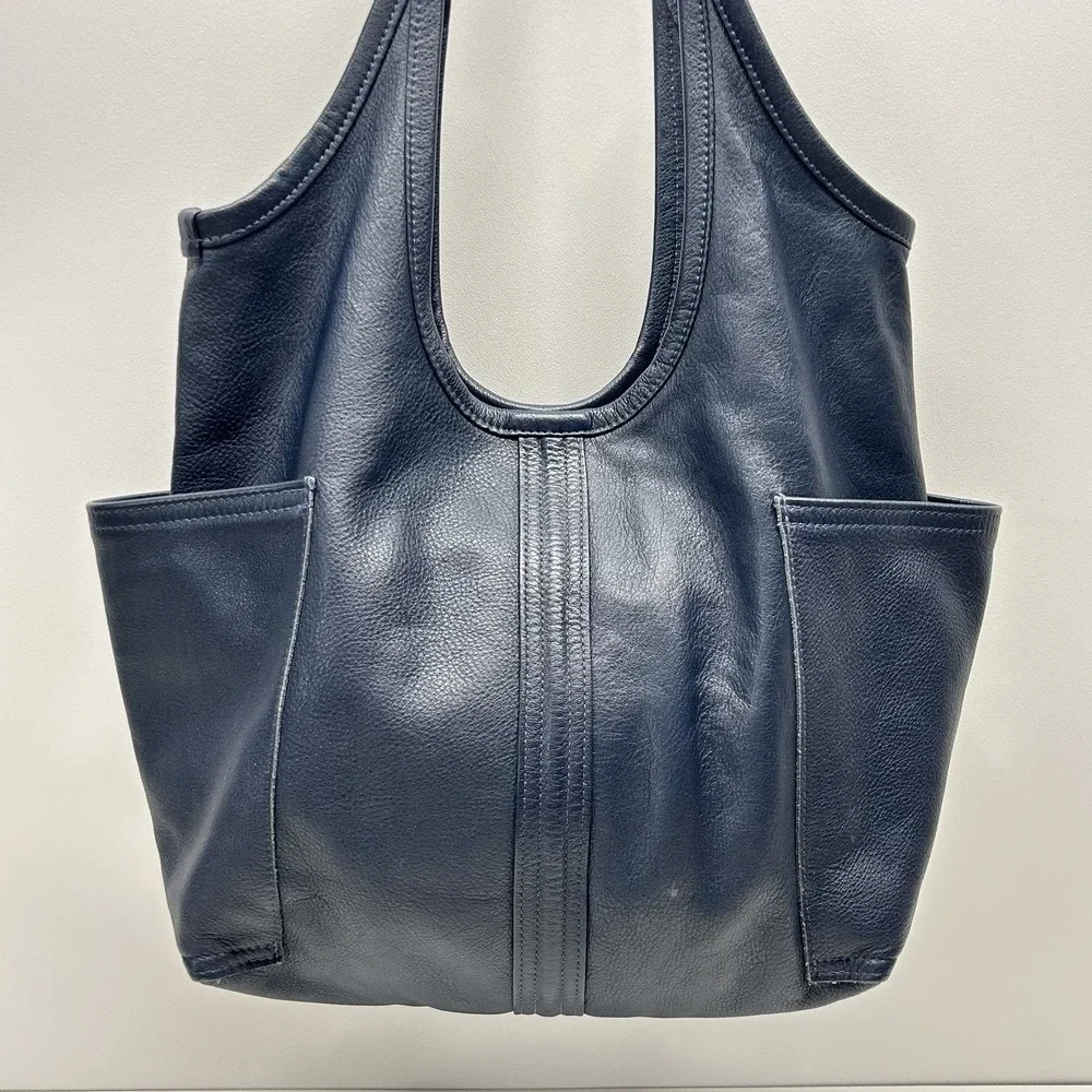 Rough and Tumble Leather Hobo Slouch Tote Bag Blue Pockets Made in Maine - Picture 6 of 16